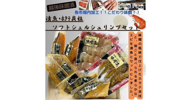 【ふるさと納税】【魚市場直送】越後味噌漬　漬魚切身(銀鮭切身　100g×2切・ギンダラ切身　100g×2切・カラスカレイ切身　100g×2切)+ほたて貝柱(350g×1パック)+ソフトシェルシュリンプ(5尾)セット | 魚 お魚 さかな 食品 人気 おすすめ 送料無料