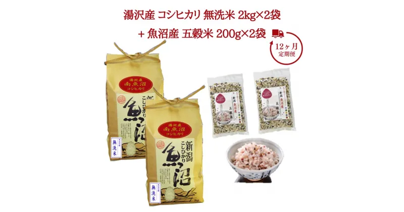 【ふるさと納税】12ヶ月定期便 令和6年産 湯沢産コシヒカリ 無洗米2kg×2袋（計4kg）・魚沼産五穀米 200g×2袋（計400g）魚沼最上流域 魚沼産コシヒカリ 南魚沼産 こしひかり 毎月発送 12回発送