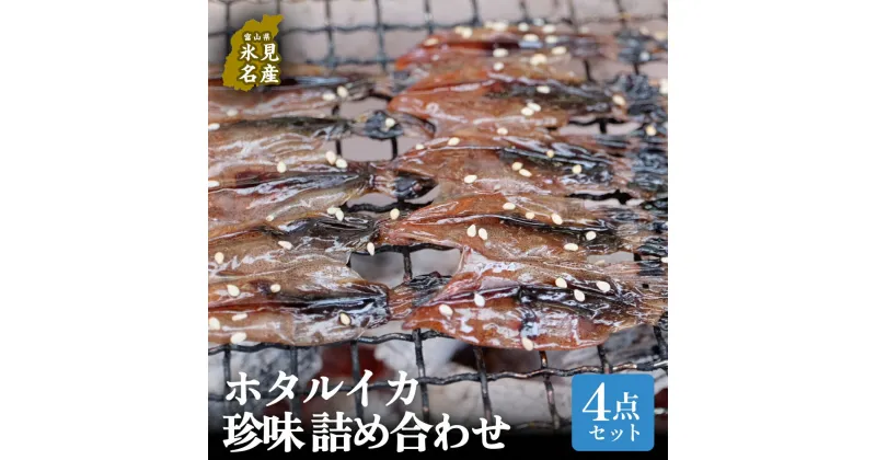 【ふるさと納税】ほたるいか4点セット（素干、魚醤干、天日干し、みりん干し）| ホタルイカ 訳アリ素干 珍味 つまみ おつまみ 干物 酒の肴 乾き物 富山 氷見 富山湾 魚介 無添加 簡単調理 そのまま 焼くだけ 冷凍 たっぷり 大容量 魚醤 天日 みりんセット 詰め合わせ