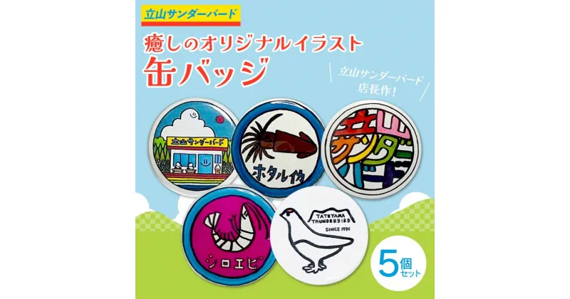 【ふるさと納税】癒しのオリジナルイラスト 缶バッジ 5個セット ポップアート バッジ セット ホタルイカ 白えび 雷鳥 雑貨 夜の巷を徘徊する 立山サンダーバード F6T-425